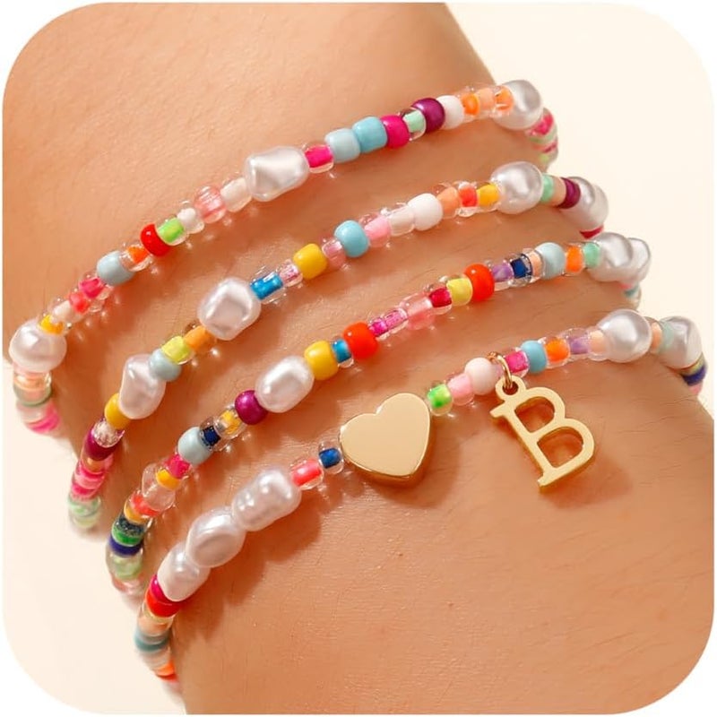 JIAOGE Valentines Day Gifts for Kids Her - 4PCS Gold Stretchable Boho Colorful Beaded Pearl Heart Initial Bracelets for Women Teen Girl Gifts Trendy Stuff Cute Stackable Kids Jewelry Birthday Gifts - Image 1